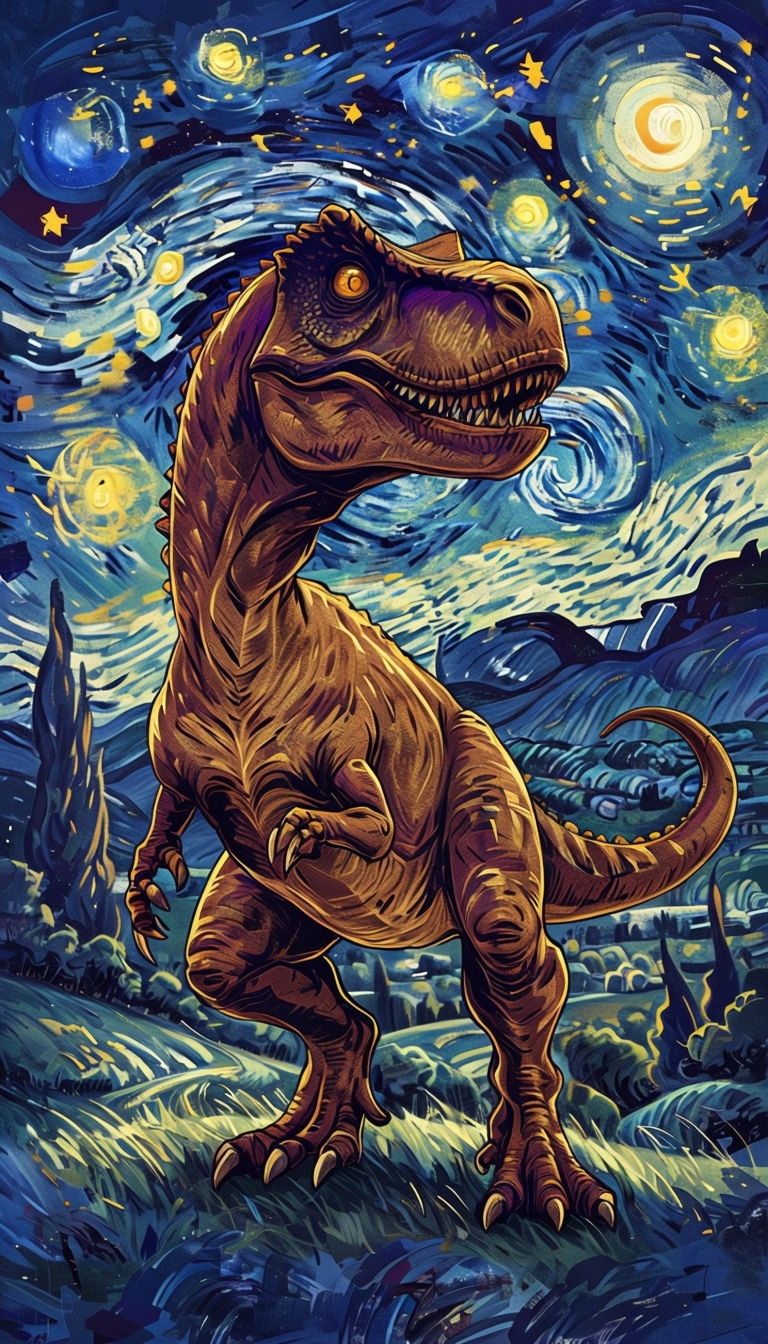 Vibrant Anime T-Rex in Starry Night Inspired Artwork Mobile Wallpaper