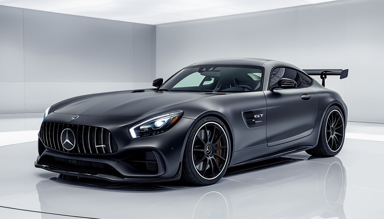 Sleek Matte Black Mercedes-AMG GT Sports Car Studio Background Virtual Backgrounds