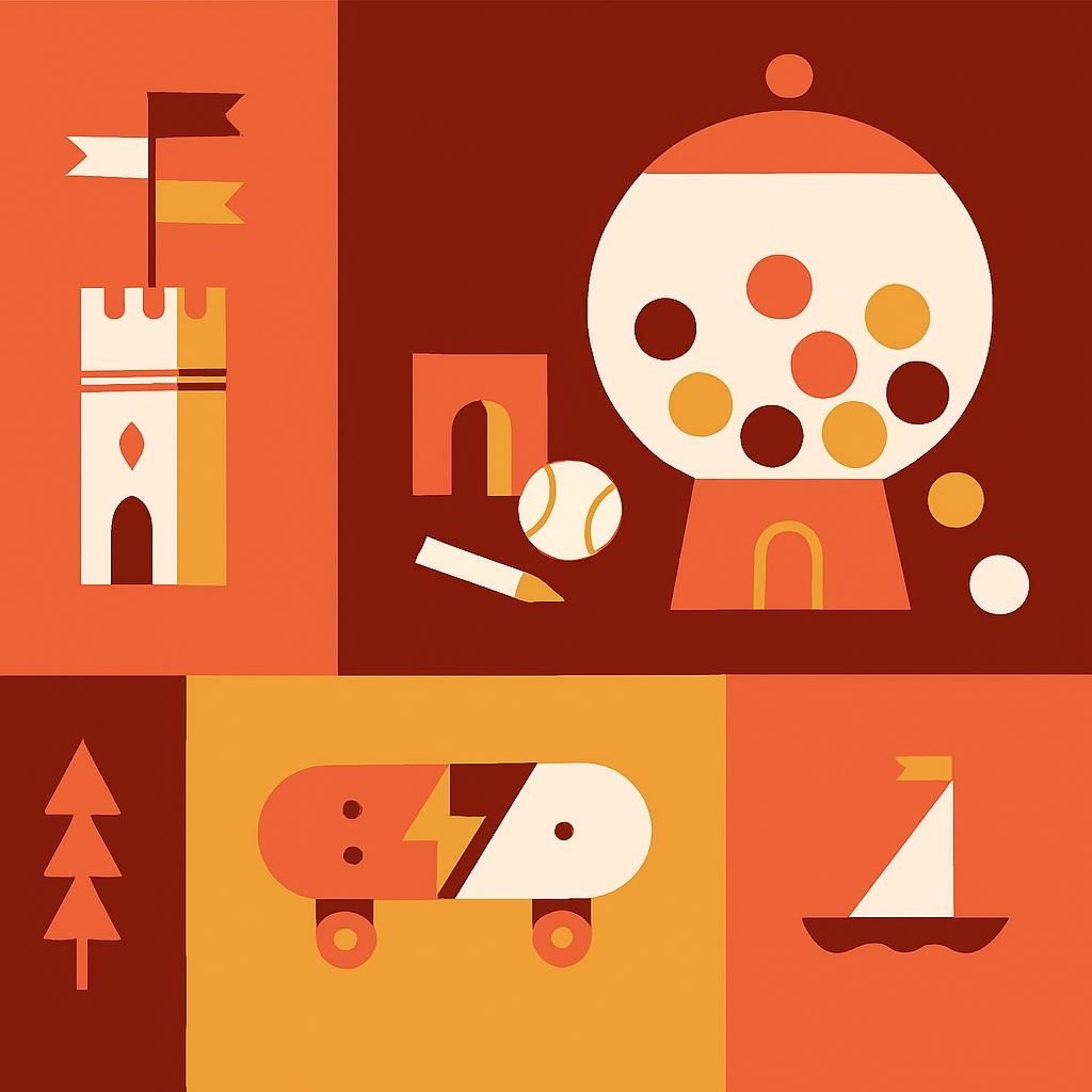 Playful Retro Toy Objects Grid Illustration Seamless Pattern