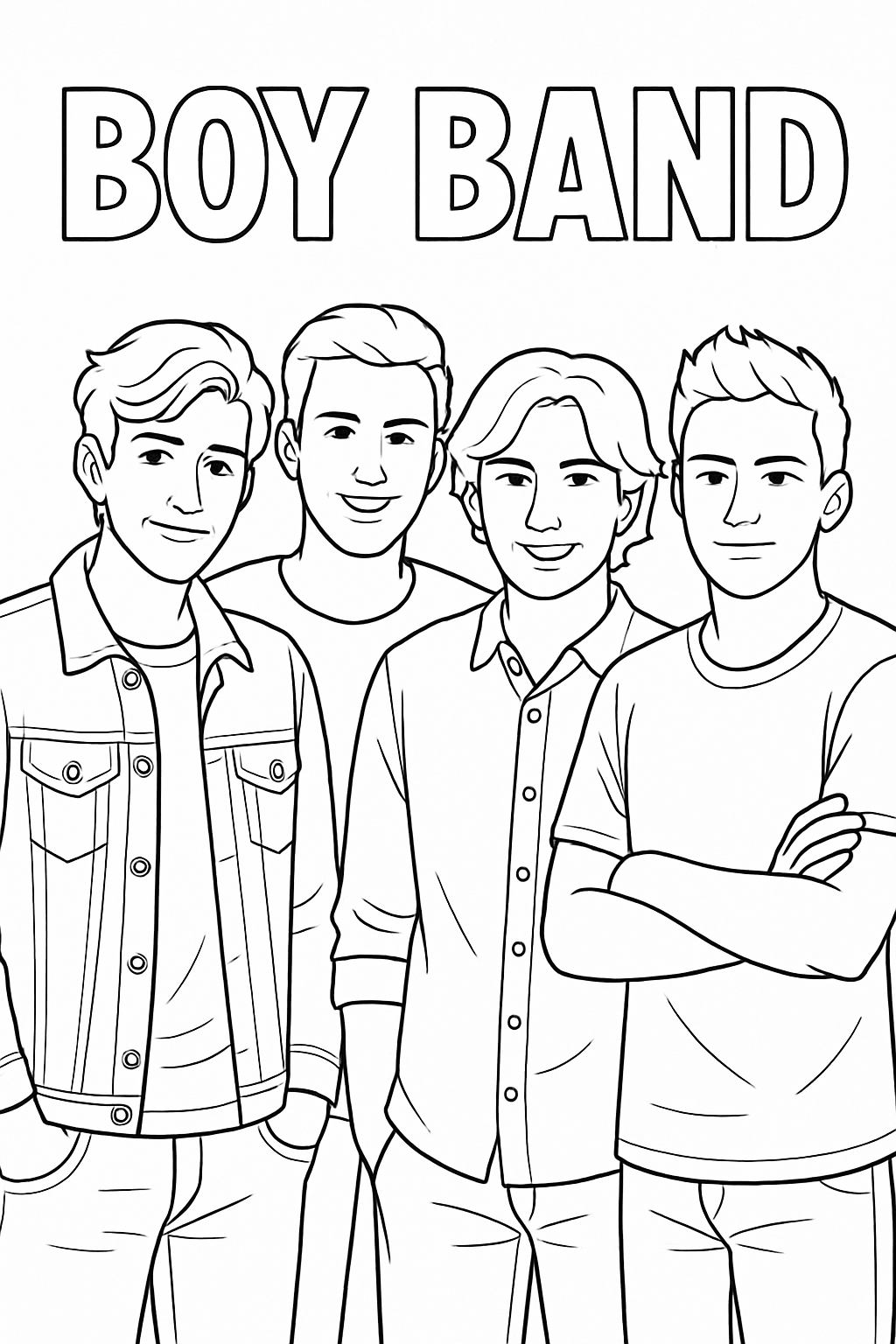 Boy Band Coloring Page Featuring Four Friends in Casual Poses Coloring Book Pages