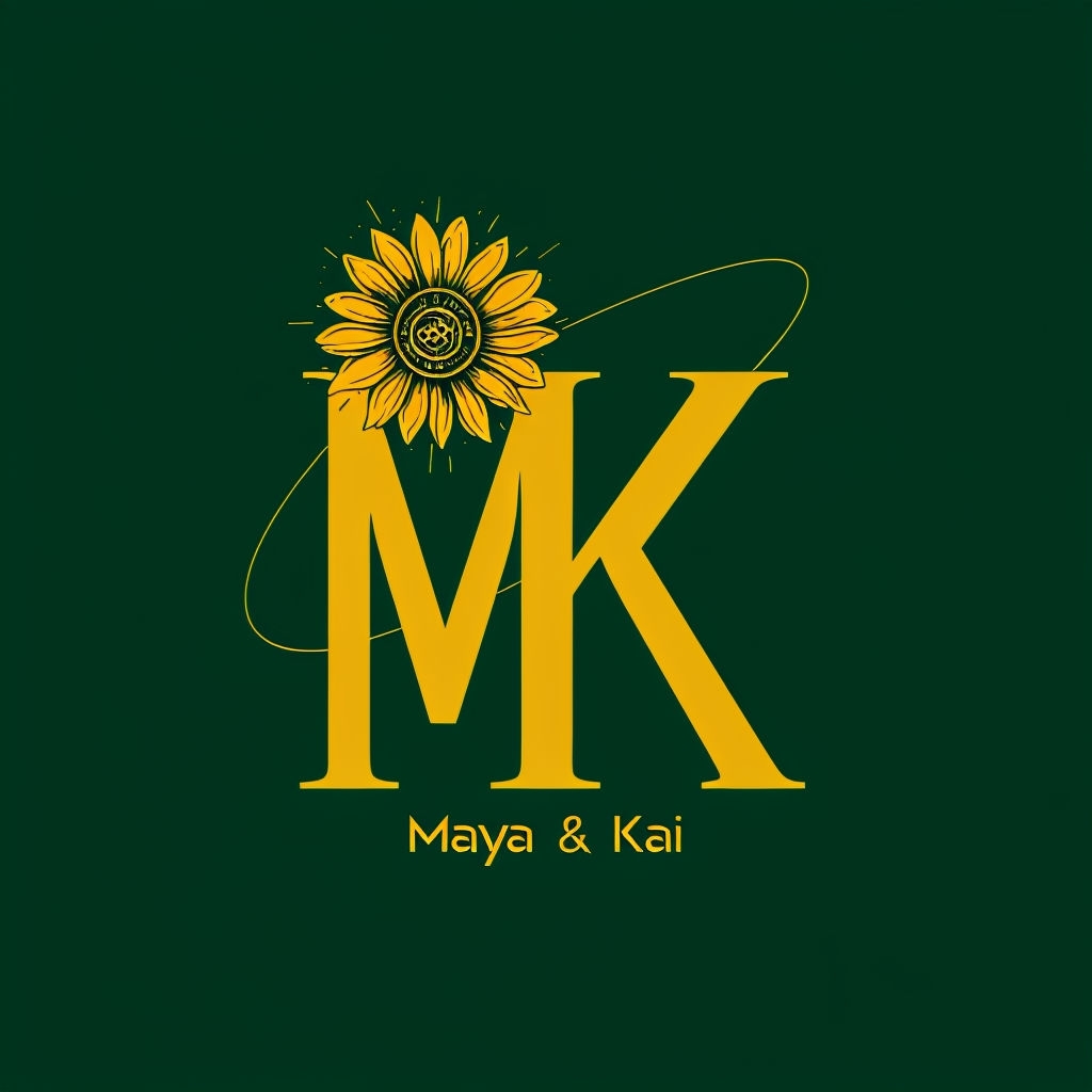 Modern Gold and Green MK Monogram Logo with Sunflower Design Monogram