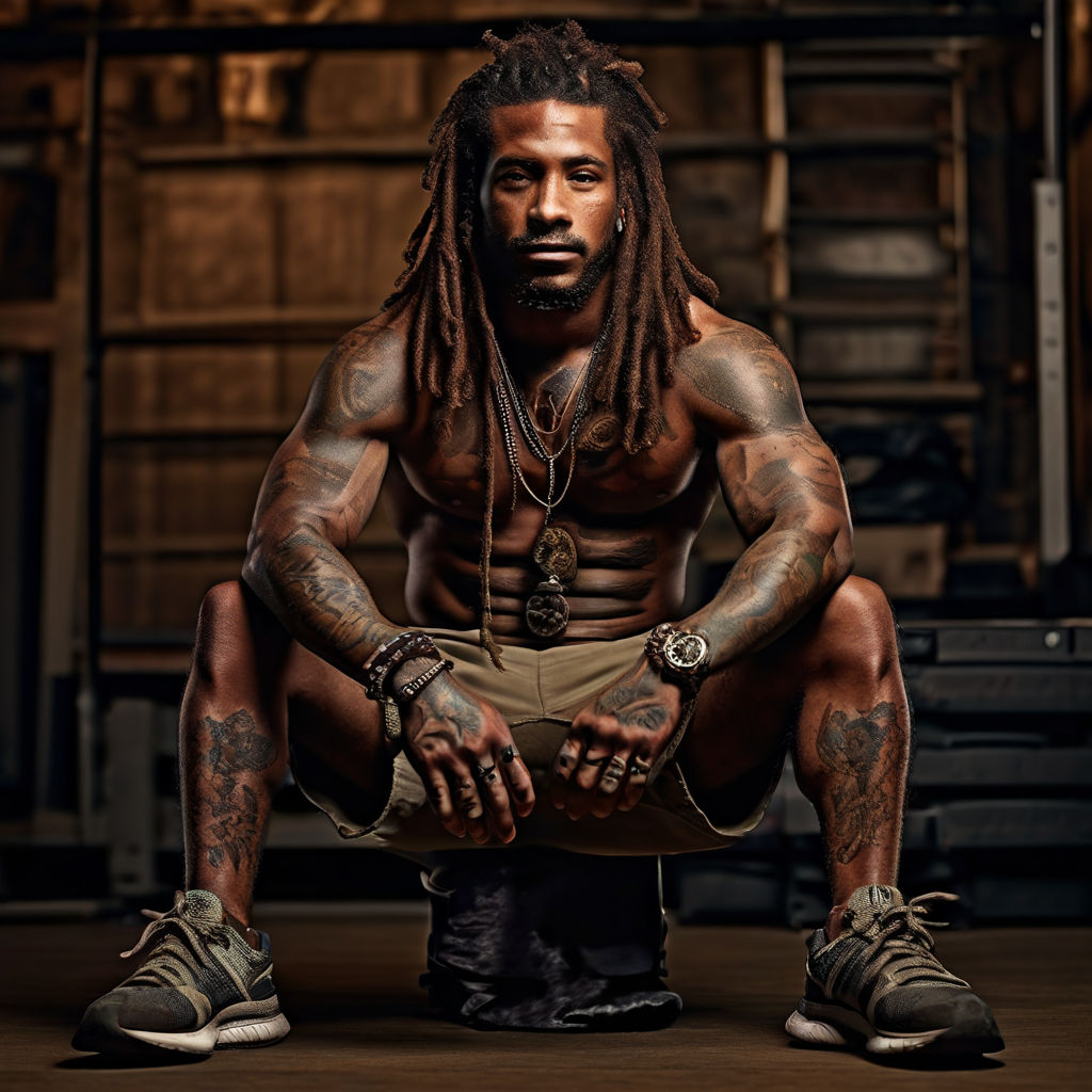 muscular black man with dreadlocks and tribal tattooes