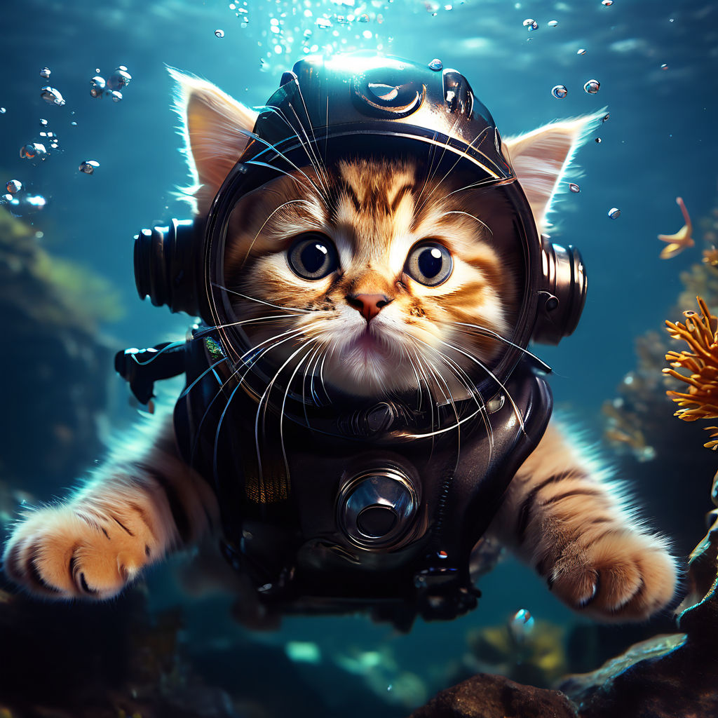 cat fishing, kitty Cat in scuba gear, funny cat swimming