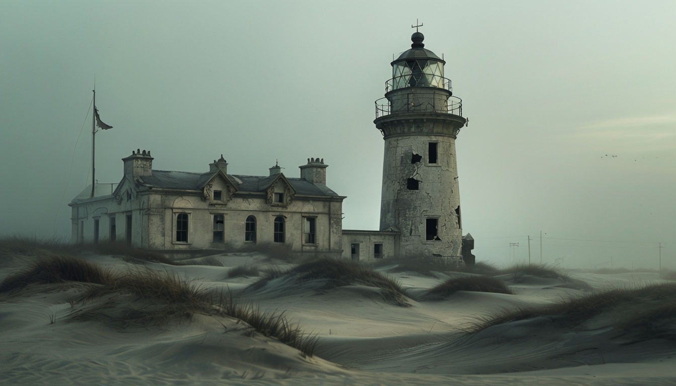 Eerie Abandoned Lighthouse with Foggy Atmosphere Background