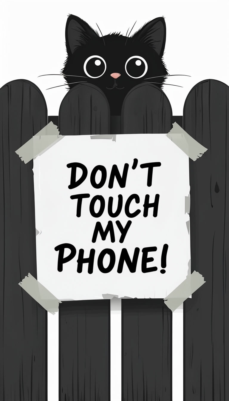 Playful Black Cat with 'Don't Touch My Phone' Sign Wallpaper