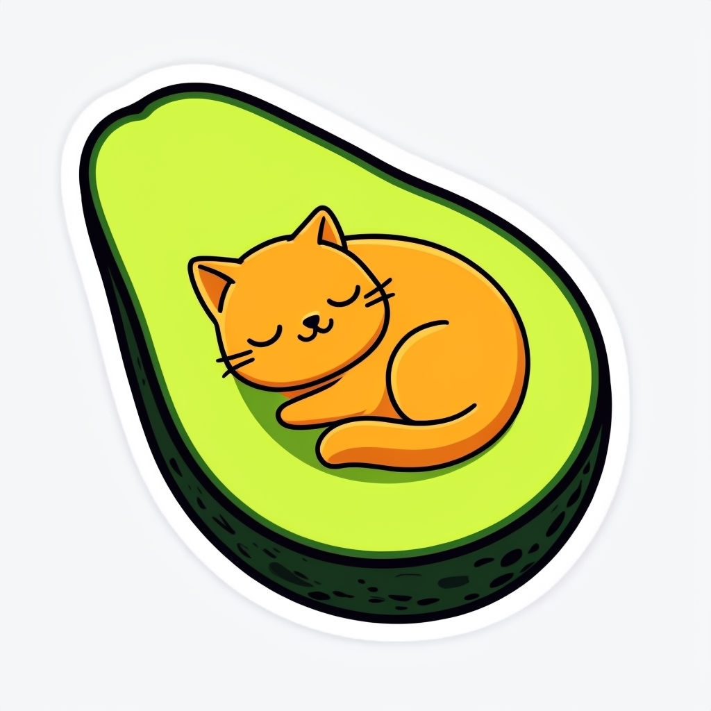 Cute Sleeping Cat in Avocado Halved Cartoon Sticker