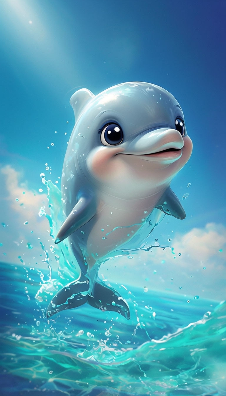 Cheerful 3D Dolphin Swimming in Clear Blue Water Mobile Wallpaper