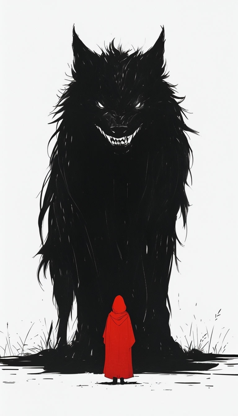 Eerie Minimalist Red Cloak Figure Facing Black Wolf Wallpaper