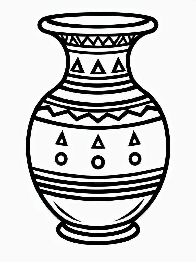 Stylized Black and White Vase Line Drawing Coloring Book Page