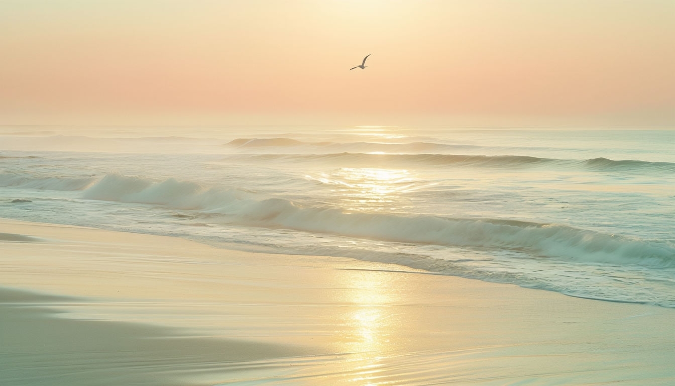 Serene Coastal Sunrise with Gentle Waves and Silhouette Seagull Background