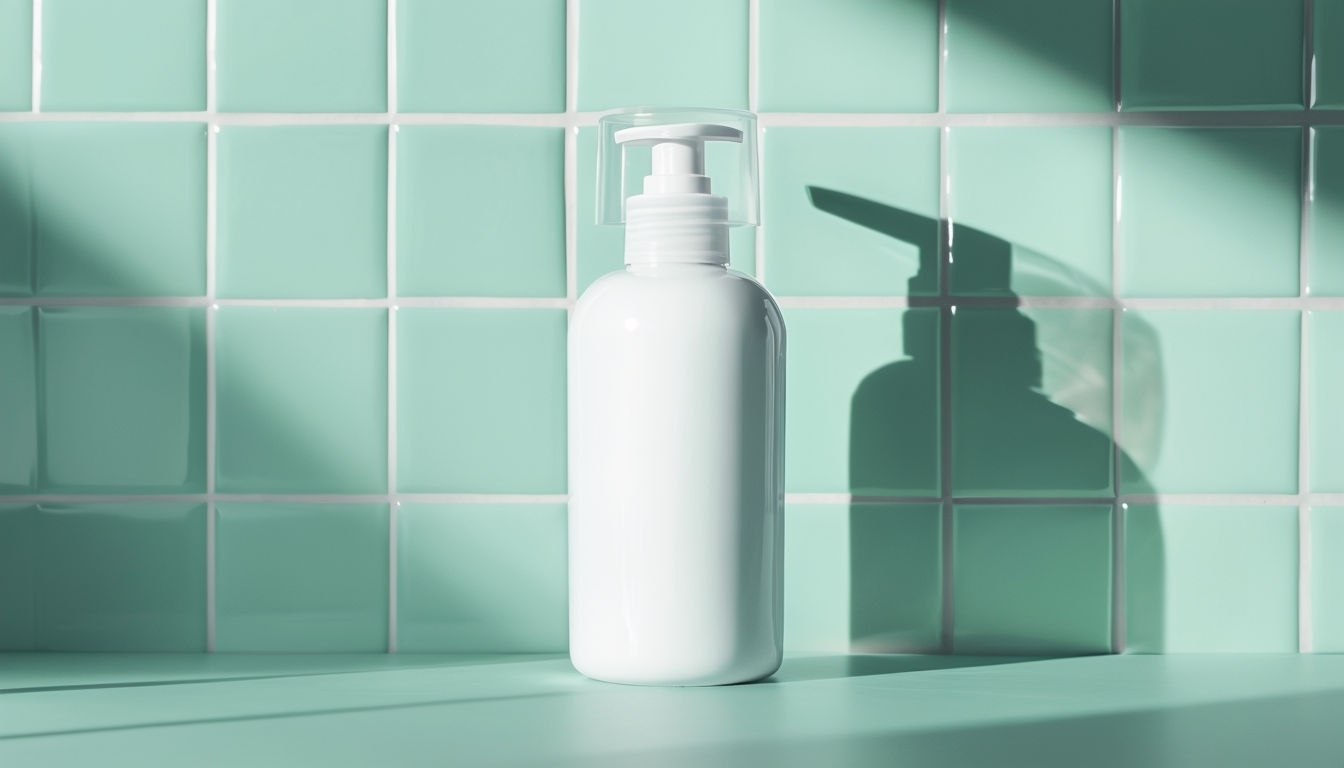 Minimalist White Pump Bottle on Mint Green Tile Background Mockup