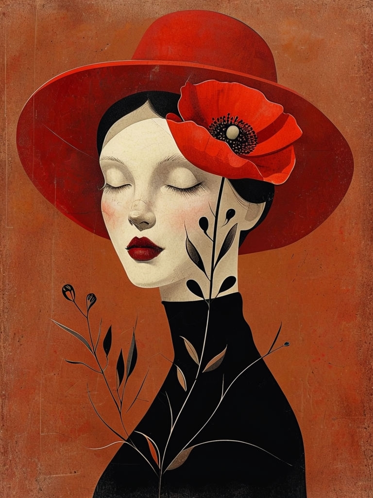 Ethereal Red Flower and Female Figure Minimalist Art