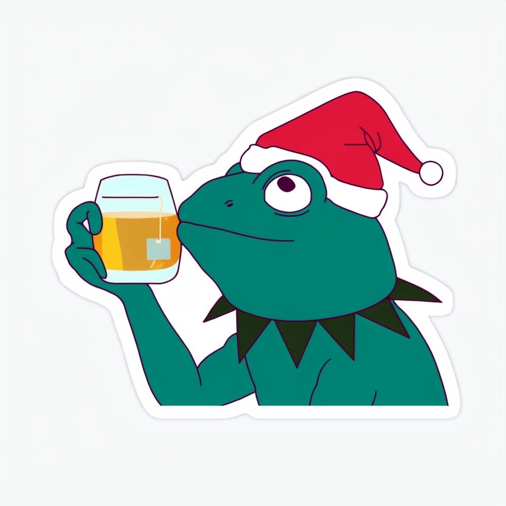 Teal Cartoon Frog with Tea and Santa Hat Sticker