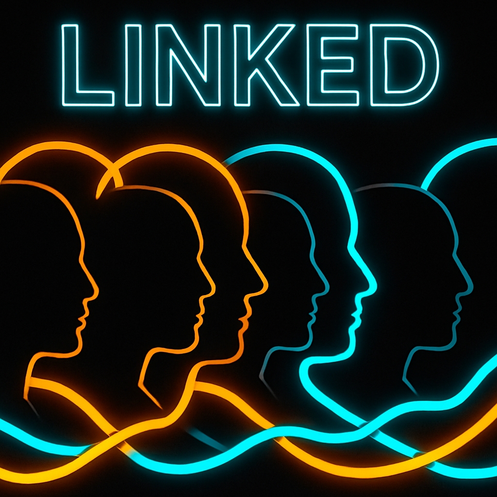 Neon Linked Profiles of Humanity Against Black Background Poster