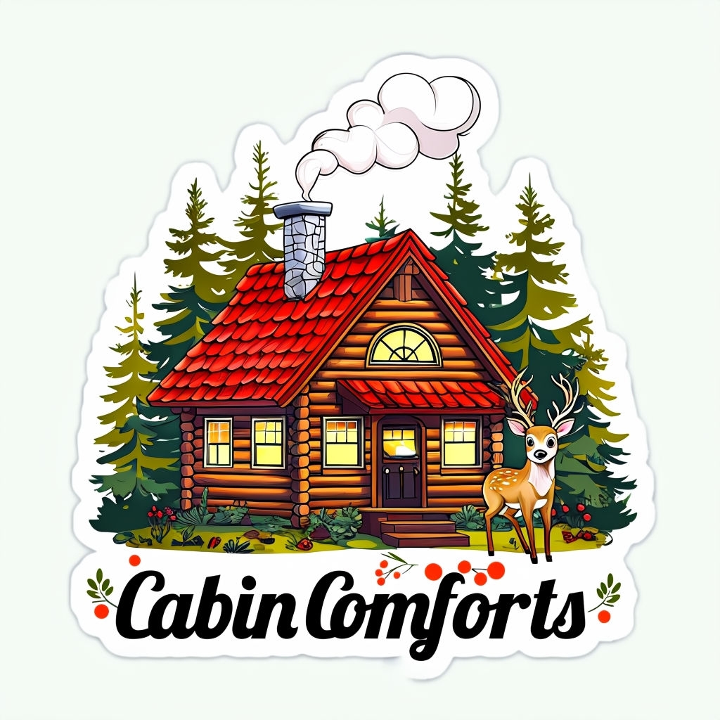 Cozy Log Cabin with Deer and Forest Scene Sticker