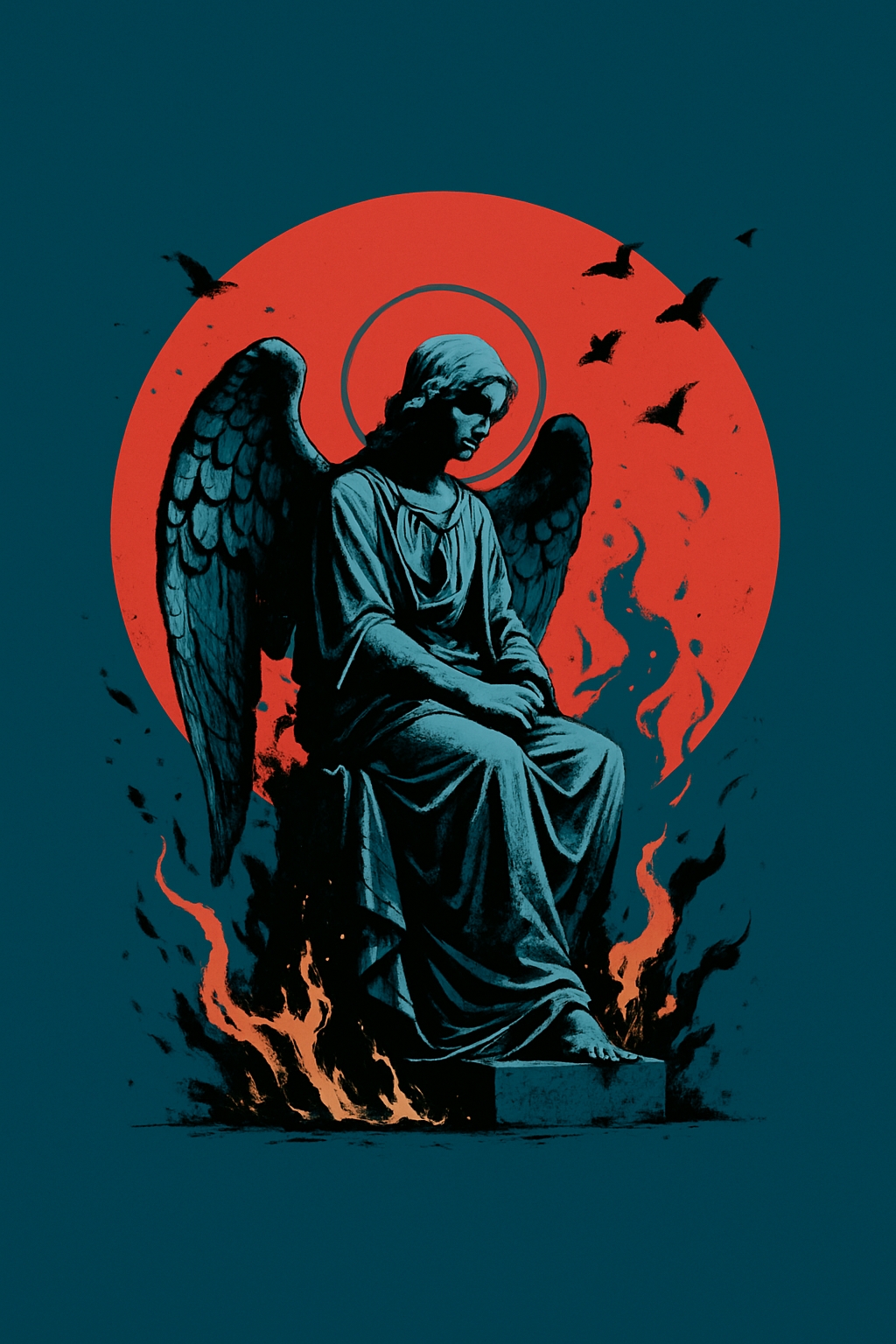 Solemn Teal Angel Statue with Flames and Birds T-Shirt