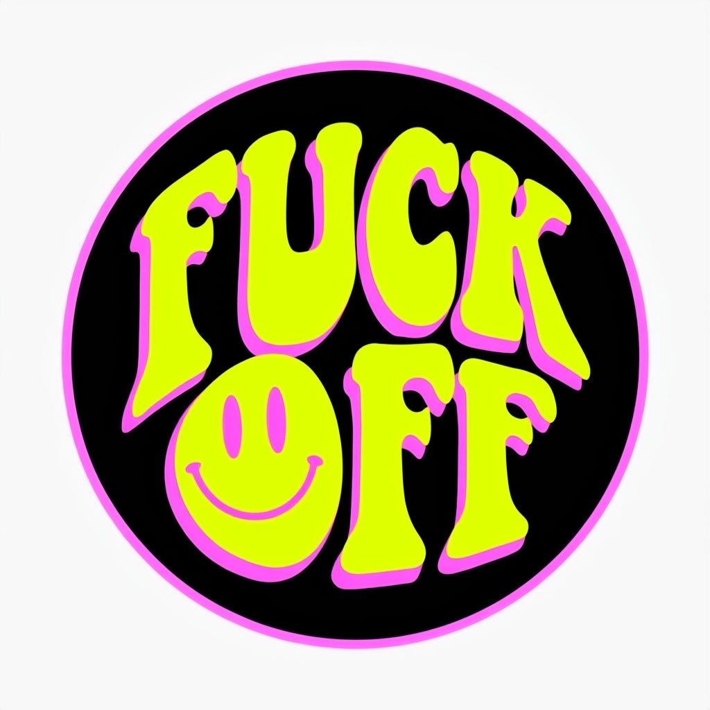 Playful Retro 'FUCK OFF' Neon Sticker Design with Smiley Face