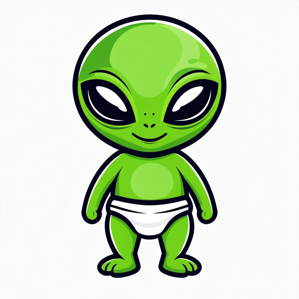Charming Cartoon Alien Character in Diaper Illustration Sticker