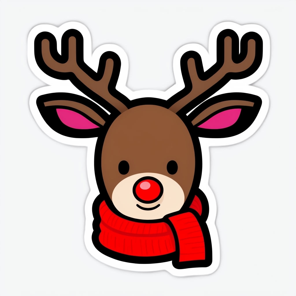 Playful Cartoon Reindeer Face with Red Nose Sticker