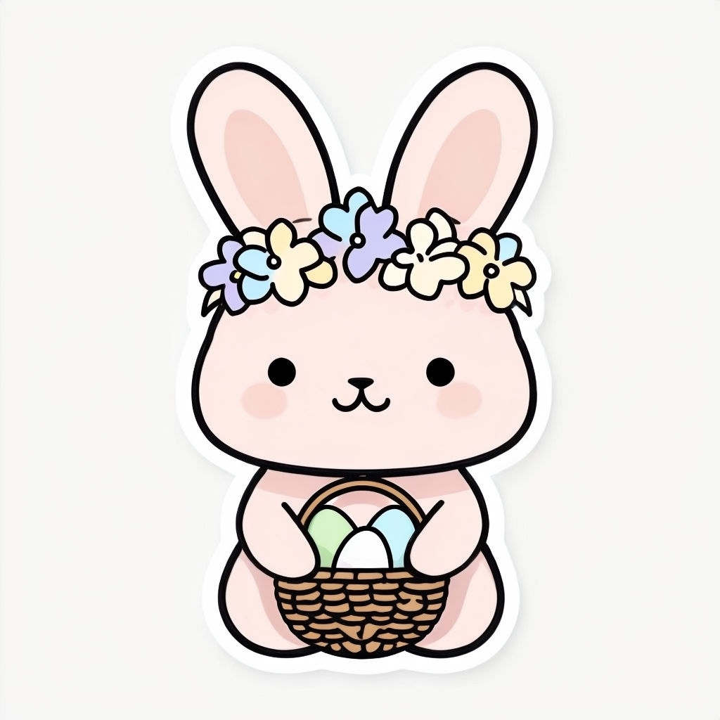 Cute Pink Bunny with Flower Crown and Easter Eggs Sticker