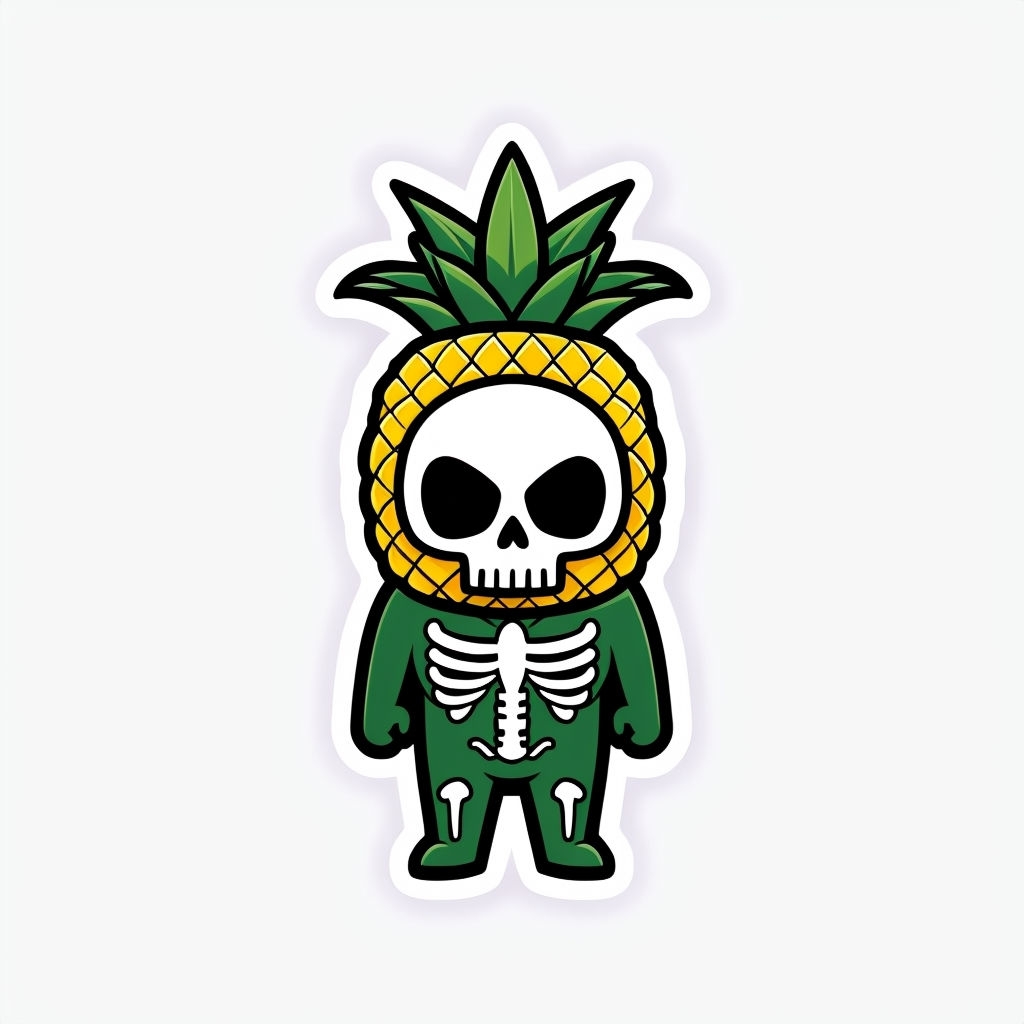 Whimsical Pineapple Skull Character Cartoon Sticker