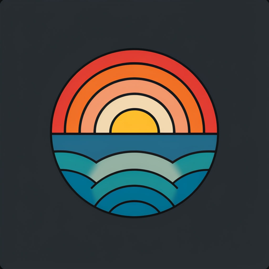 Stylized Retro Sunset Over Ocean Circular Art Poster