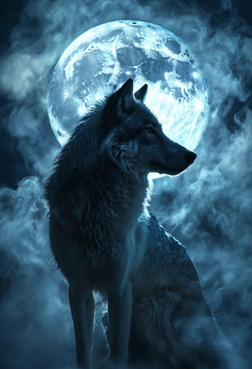 Mystical Wolf Silhouette Against Luminous Full Moon Art