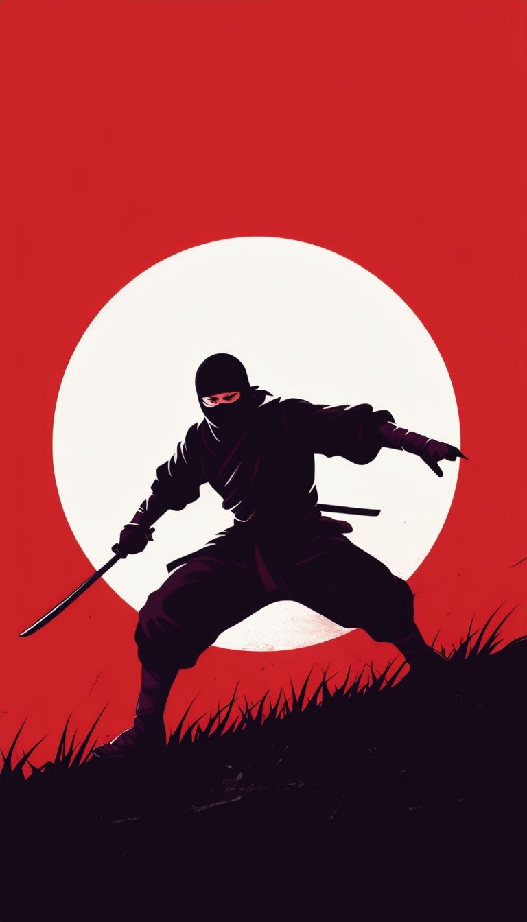 Dynamic Black Ninja Silhouette on Bold Red Background Mobile Wallpaper