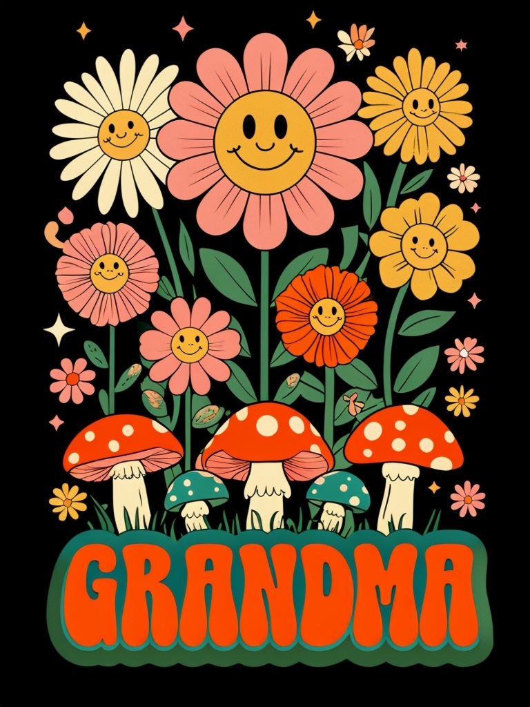 Whimsical Retro Flower Garden with Mushrooms and Grandma Poster