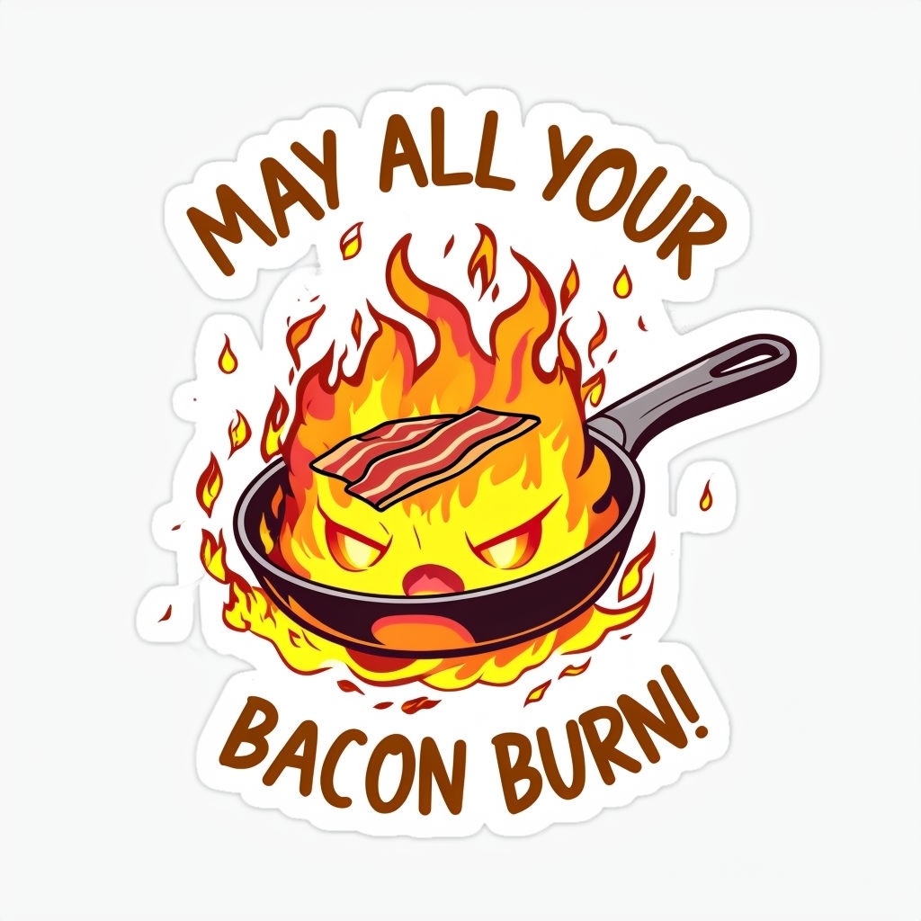 Fired Up Cartoon Frying Pan with Bacon and Flames Sticker