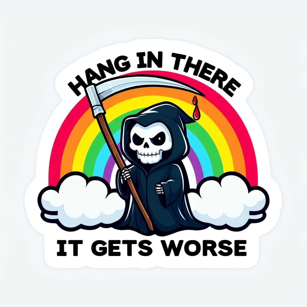 Playful Grim Reaper Cartoon with Rainbow and Text Sticker