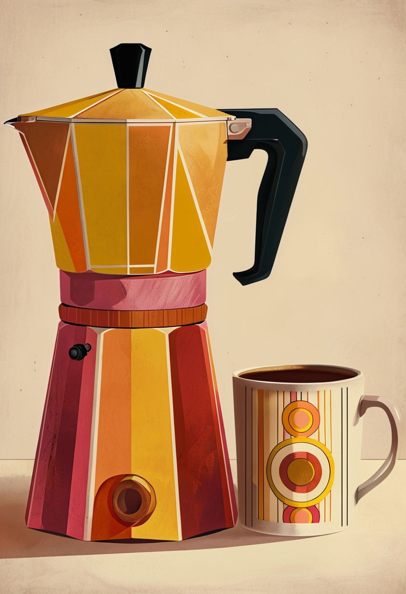 Colorful Vintage Moka Pot and Coffee Cup Art Print