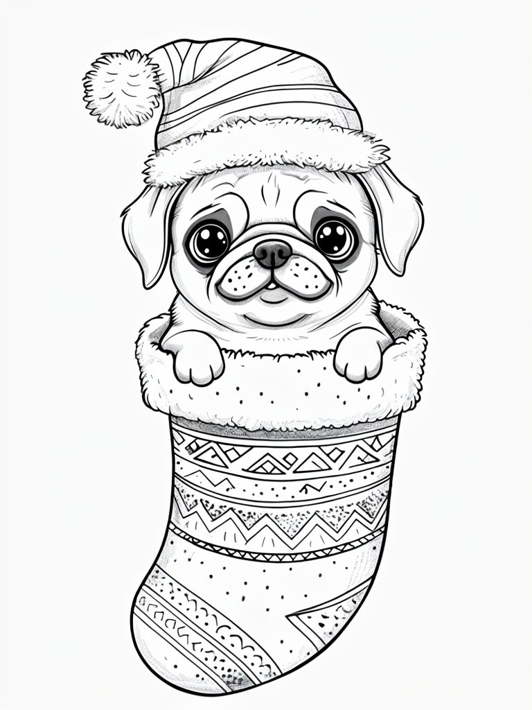 Adorable Cartoon Pug in Christmas Stocking Line Art Coloring Page