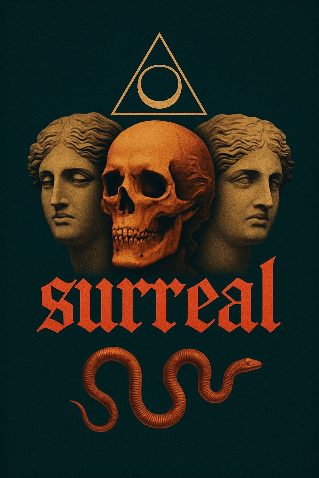 Surreal Skull and Bust Art with Snake Illustration T-Shirt