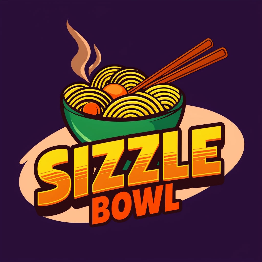 Vibrant Cartoon Sizzle Bowl Logo with Noodles and Chopsticks Logo