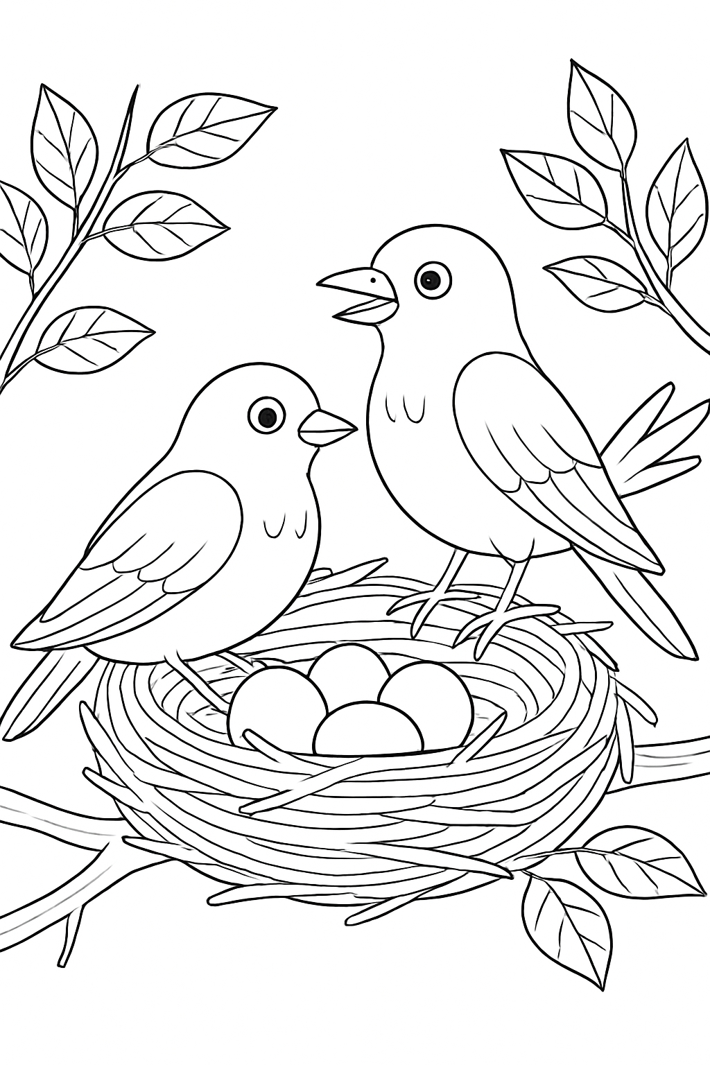 Serene Birds Nesting Scene Line Art Coloring Page