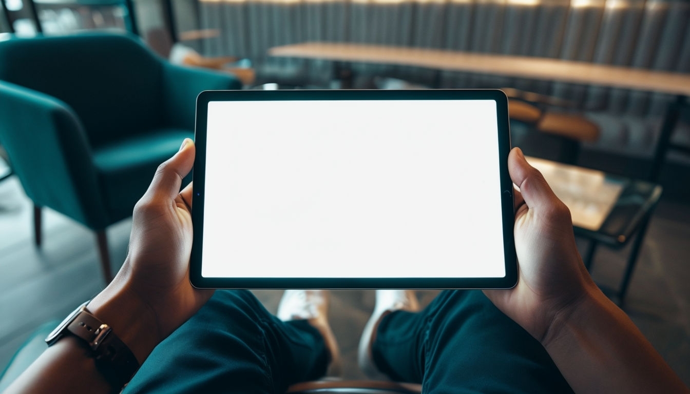 Sleek Tablet in Contemporary Cafe Scene Mockup
