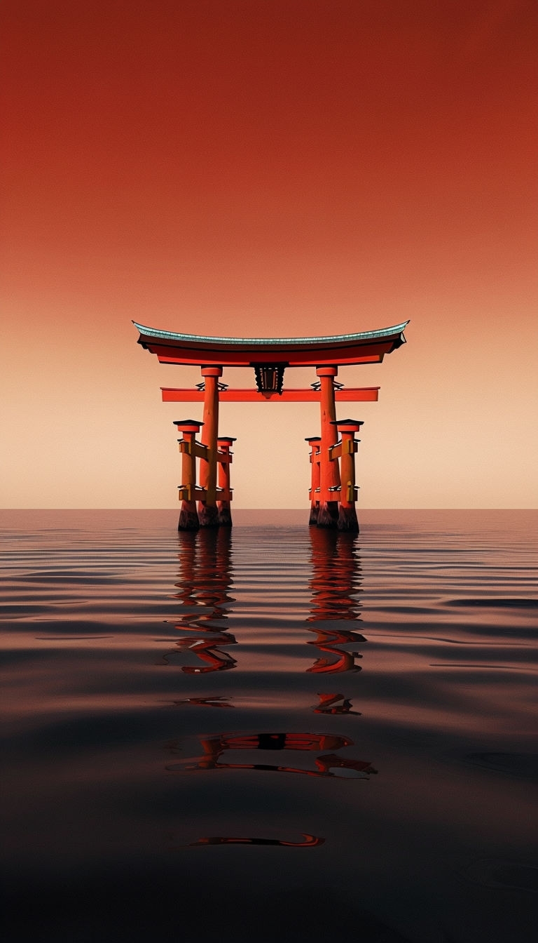 Vibrant Crimson Torii Gate with Serene Sunset Reflection Mobile Wallpaper