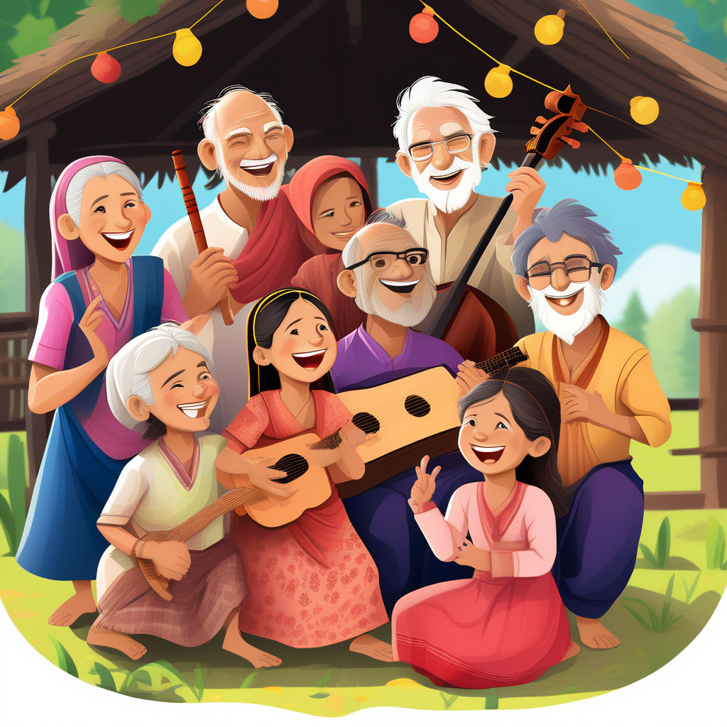 Smiling Villagers: Illustration of villagers by Mahabir Bhogta - Playground