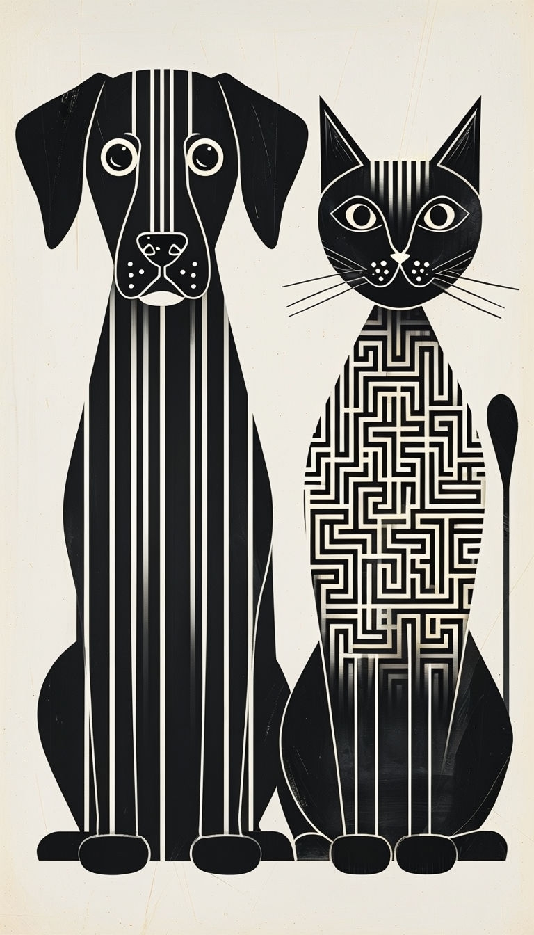 Modern Geometric Dog and Cat Illustration on Neutral Background Poster