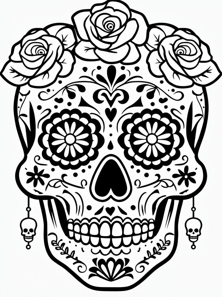 Intricate Black and White Sugar Skull Line Art Coloring Page