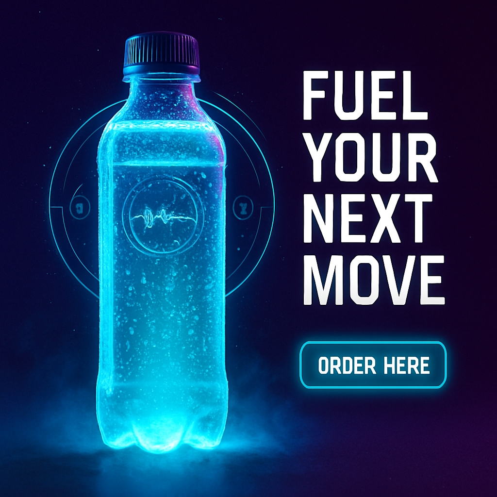 Futuristic Neon Blue Bottle Advertisement for Energy Drink Ads