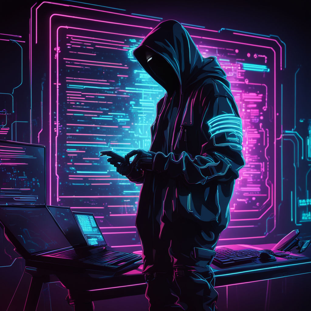 Cyberpunk hacker silhouette standing before a glowing screen by Anshika ...