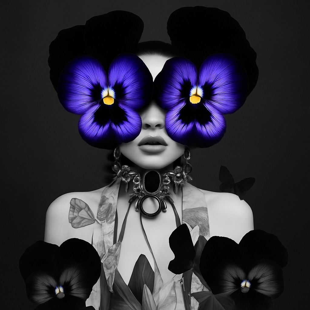 Surreal Portrait with Vibrant Pansies and Metallic Jewelry Spotify Album Cover