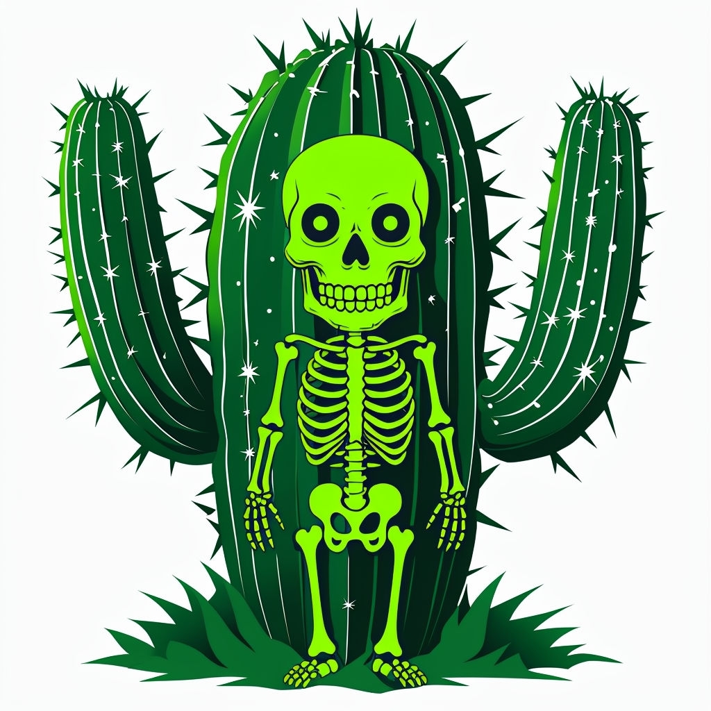 Eerie Neon Green Skeleton with Cactus Illustration Sticker