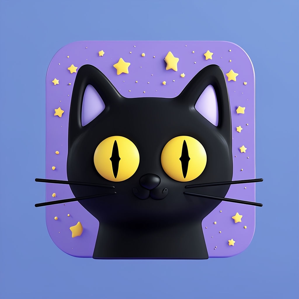 Whimsical Black Cat with Yellow Eyes and Starry Background Art