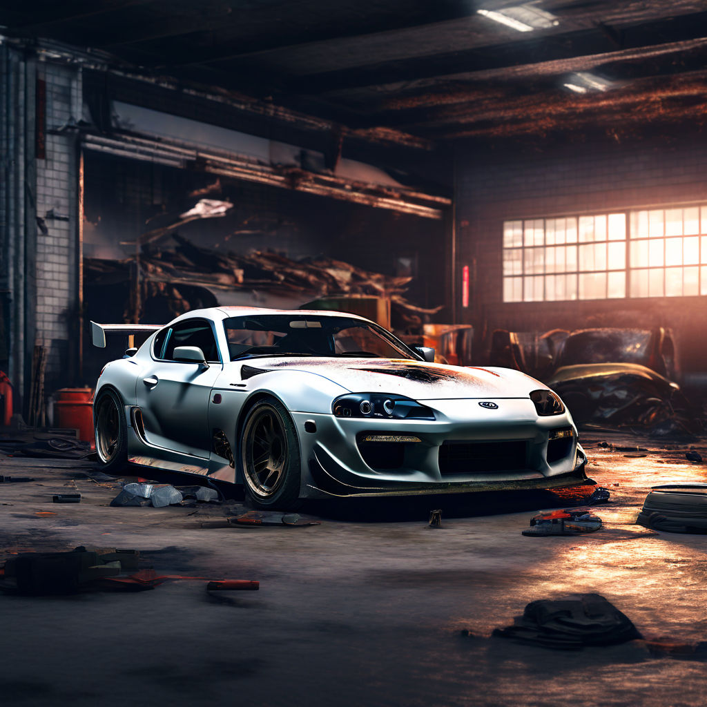 Create an image of a destroyed Toyota supra inside a modern ... by ...