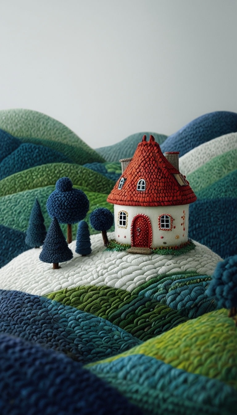 Whimsical Cozy House in Colorful Textured Landscape Mobile Wallpaper
