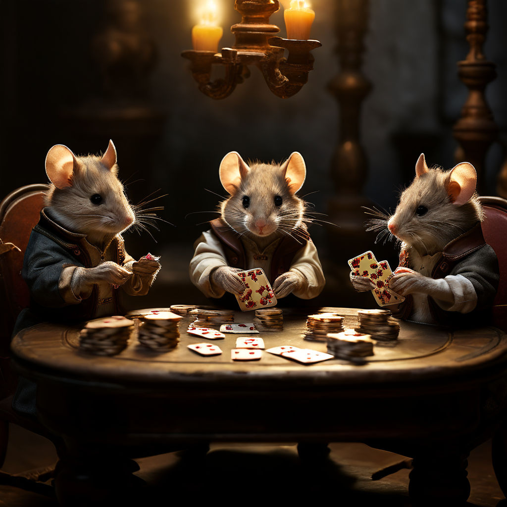 a gang of four cute mice playing poker sitting around a round table