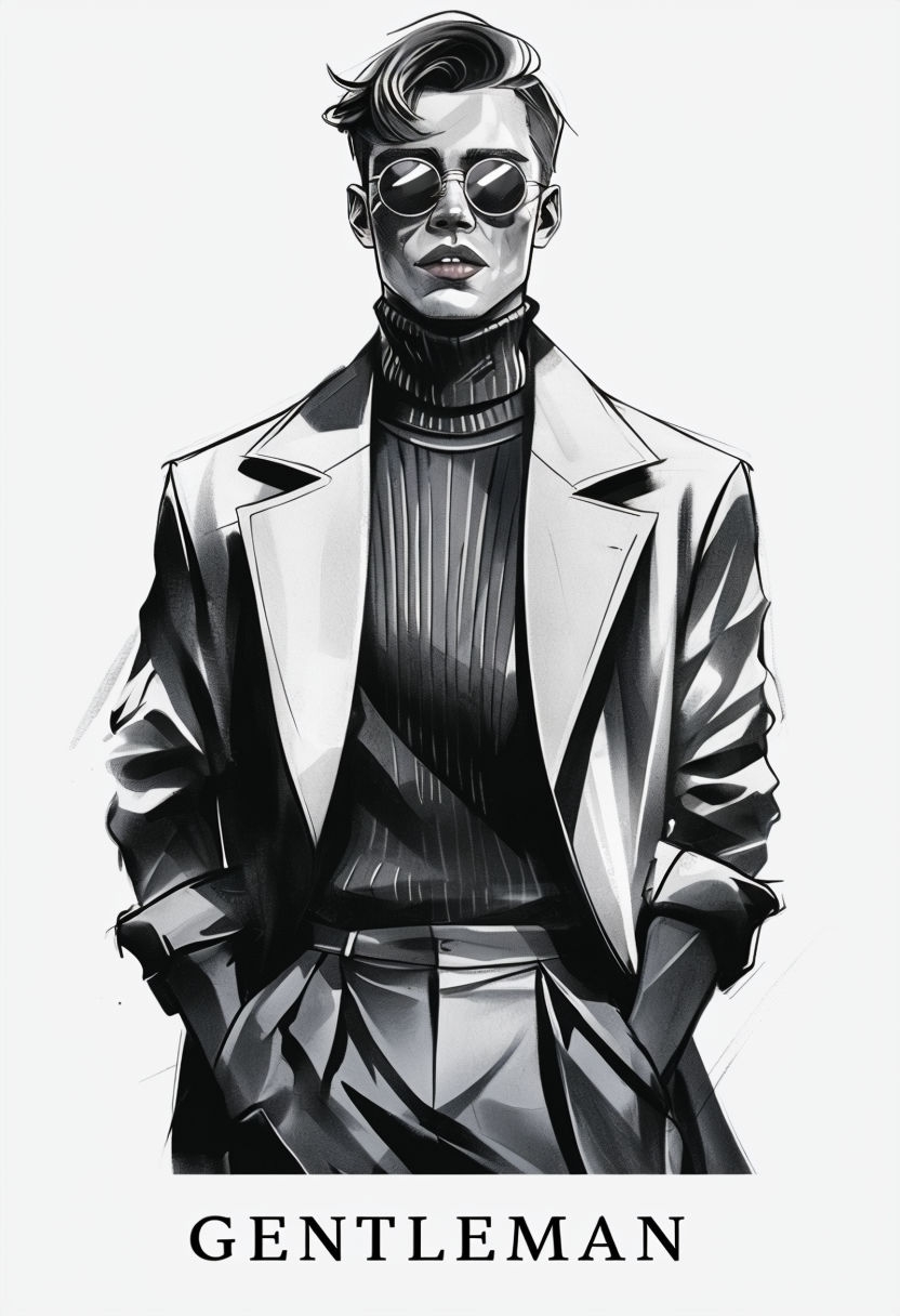 Sophisticated Black-and-White Gentleman Sketch Illustration T-shirt
